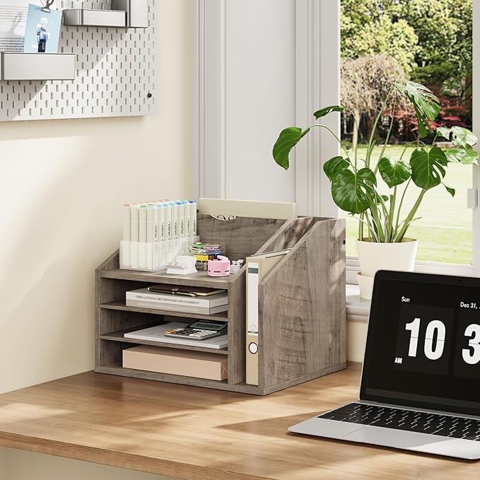 Wooden Desk Organizer with Adjustable Partitions, Multi-Layer Desktop File Holder for Home Office, Paper & Stationery Storage Organizer, Greige MWJ04FH