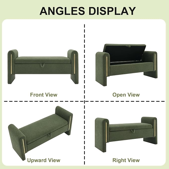 NIOIIKIT 52" Storage Ottoman Bench, Teddy Upholstered Storage Bench with Armrest, Entryway Bench with Pull-Ring, End of Bed Bench, Window Bench for Living Room (Olive Green)