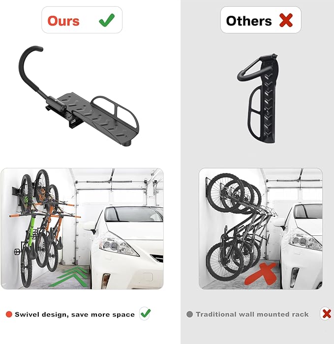 TORACK Wall-Mounted Swivel Bike Rack, Garage Vertical Bike Hangers for 3 Bikes and 3 Helmets Rotating Bike Storage Hooks Holds Up to 300 lbs