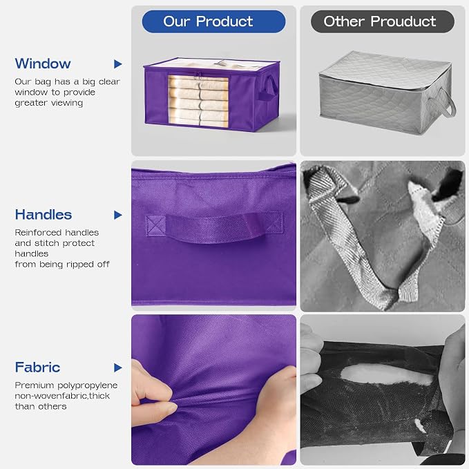 Clothes Storage Bags, Foldable Thick Fabric Blanket Storage Bags, Large Clear Window & Carry Handles, Great for Clothes, Blankets, Closets, Pillows (Purple, 6PACK)
