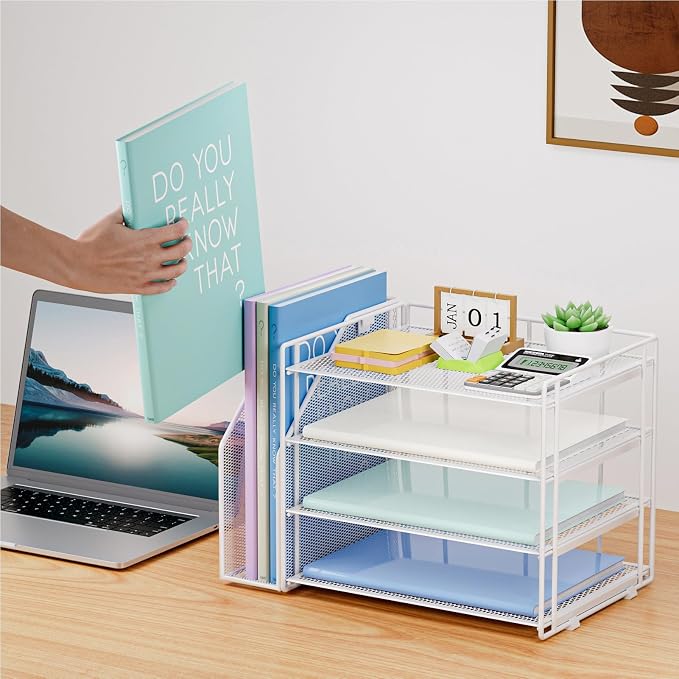 Marbrasse 4-Tier Paper Tray Organizer with File Holder, White | Sturdy Paper Tray, Built-in File Holder, fits Letters/Docs, Saves Desk Space, for School/Office/Home