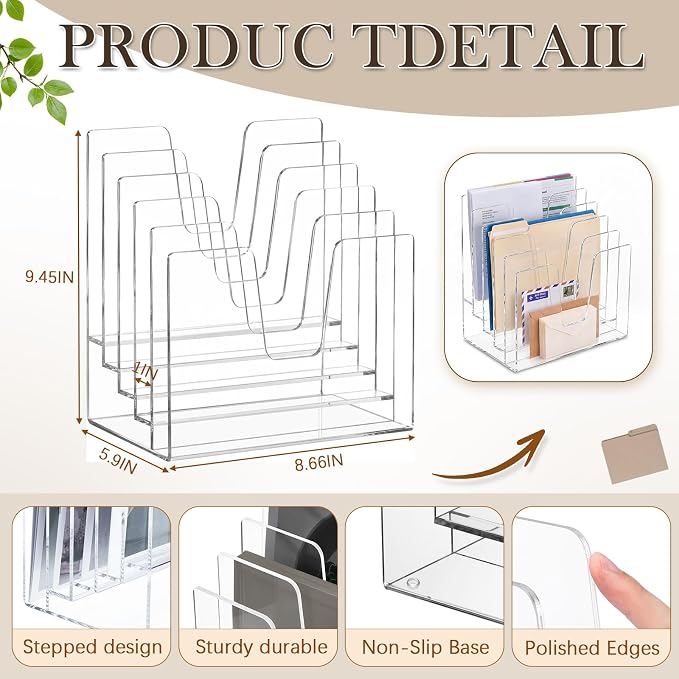 5 Section Clear Acrylic File Organizer, Inclined Desktop File Sorter with 4mm Thick Panels, Vertical Document Holder for Letter Size Papers, Mail, Magazine, Home Office School
