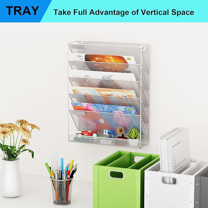 Wall File Organizer Holder Mesh Hanging Paper Document Holder, Vertical 6 Pocket Tier for Office Home, Silver
