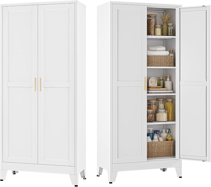 Bevivog Metal Kitchen Pantry Cupboard Cabinet, 71" White Storage Cabinets with 2 Doors and 4 Adjustable Shelves for Kitchen/Home Office/Dining Room/Living Room