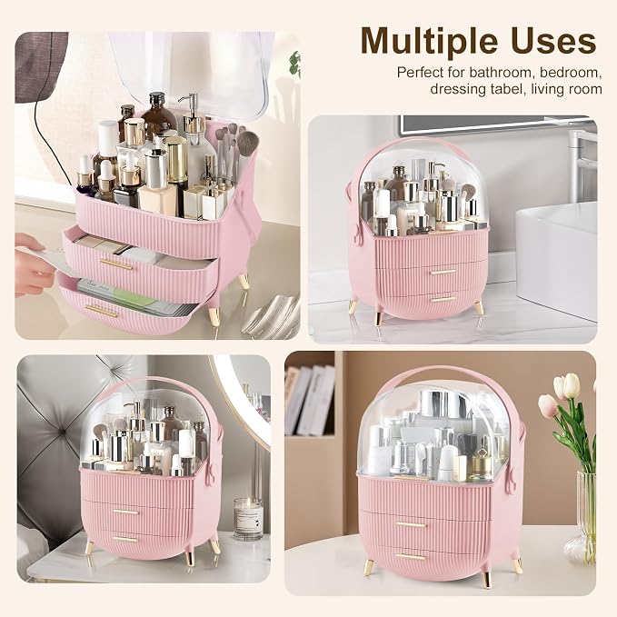Makeup Organizer for Vanity, Large Capacity Skincare Organizer Countertop | Cosmetics Organizer with 2 Drawes, Cosmetic Display Cases Makeup Storage Box for Bedroom, Bathroom, Gifts for Women(Pink)