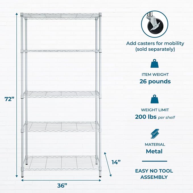 Honey-Can-Do 5-Tier White Wire Shelving Unit, 200 lb/Shelf, 36x14x72 in | 1,000 lb total in a bright white rust-resistant frame; tool-free build; adjustable shelves for laundry, kitchen & craft