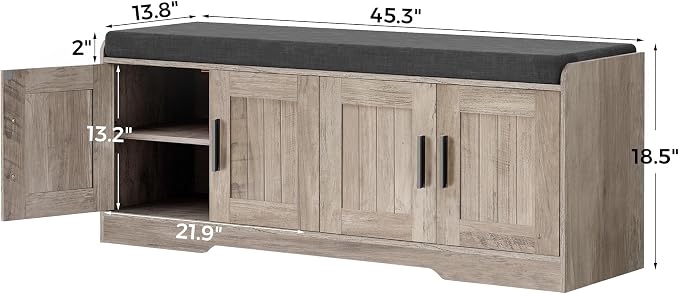 Homleke Shoe Storage Bench, 4 Doors & Thickened Padded Seat Cushion | 2-Tier Shoe Bench, Entryway Bench, Adjustable Shelf, 13.8" D x 45.3" W x 18.5" H, for Living Room, Bedroom, Greige