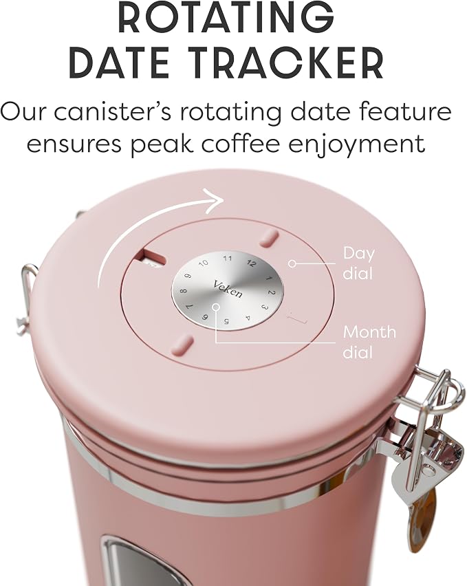 Veken Coffee Canister with Window, Airtight Stainless Steel Container, 22OZ | Date Tracker,Kitchen Food Storage Organizers for Beans, Ground, Espresso, Rice,Tea, Sugar,Cereal, Gifts,Lids,Jars,Scoop, Pink