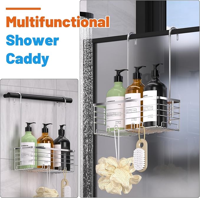 YUOROS 304 Stainless Steel Shower Caddy Hanging (Silver) | Over the Door Shower Organizer Rack Rustproof Bathroom Storage Shampoo Holder Basket
