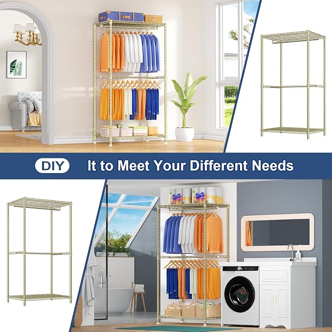 E12 Pro Clothes Rack，Heavy Duty Freestanding Garment Rack with Shelves，Metal Clothing Closet Storage System for Hanging Clothes，71" W x 16" D x 76.5" H, Hold 960 lbs，Gold