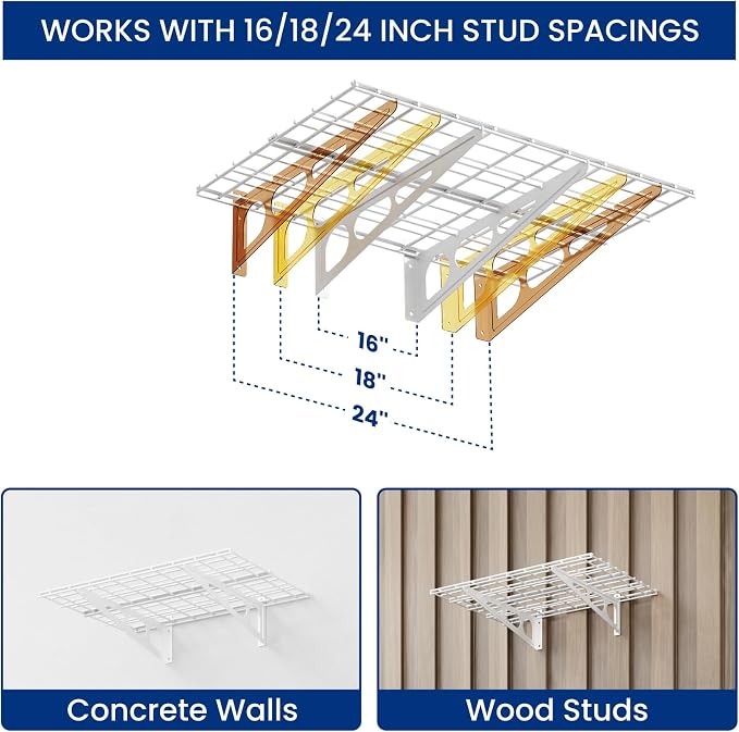 FLEXIMOUNTS 2-Pack Garage Shelving with Hooks, 2x6ft Storage Shelves, White | 24-inch-by-72-inch Wall Shelf Garage Storage Racks Floating Shelves, Rustproof Seamless Grid Design, Classic Series