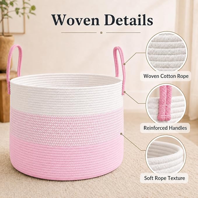 JMvicyroam 65L Extra Large Blanket Basket for Living Room - Woven Cotton Rope Laundry Hamper with Reinforced Handles - Storage Bin for Pillows, Comforters & Toys - Machine Washable,White&Pink Mix