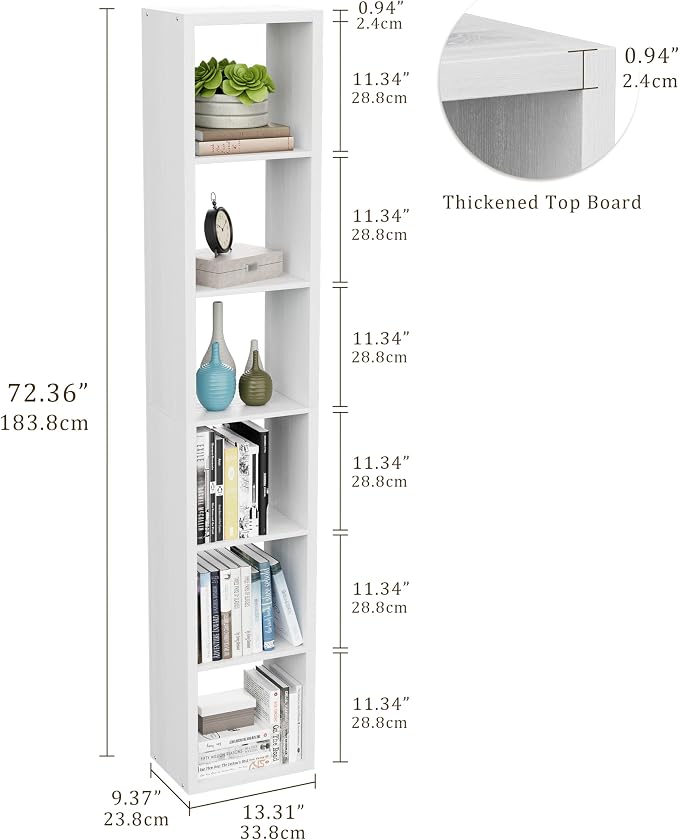 VDNEND Tall Cube Storage Organizer Bookcase, 6 Tier 11 inch Open Back Cubical Shelf with Thickened Border, Display Bookshelf for Living Room, Home Office, Sturdy Room (White, 6 Cube,Vertical)