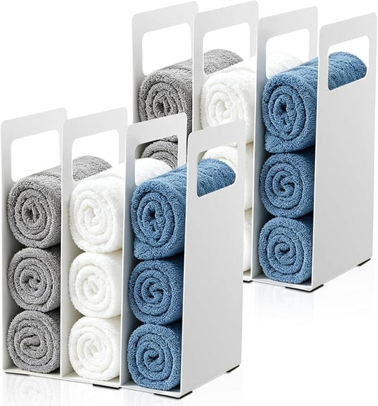 Interlocking Towel Organizer 4-Pack, Metal Bathroom Storage Shelf Rack with Adjustable Width & Pads, Freestanding Countertop Towel Holder for Cabinet, Closet, Hotel