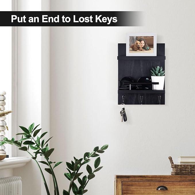 Key Holder Wall Mount, Mail Shelf Decor with 3 Key Hooks, Versatile Wood Wall Organizer for Entryway Hallway (8.2” x 10.6”x 3.6”) (Black)