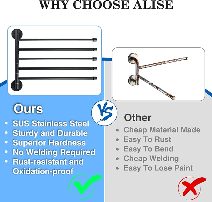 Alise Swivel Towel Rack 13.9", 6 Arm Swing Out Towel Bar, Matte Black | Space Saving Swing Arm Towel Rack for Bathroom Kitchen, 180° Rotating, SUS304 Stainless Steel