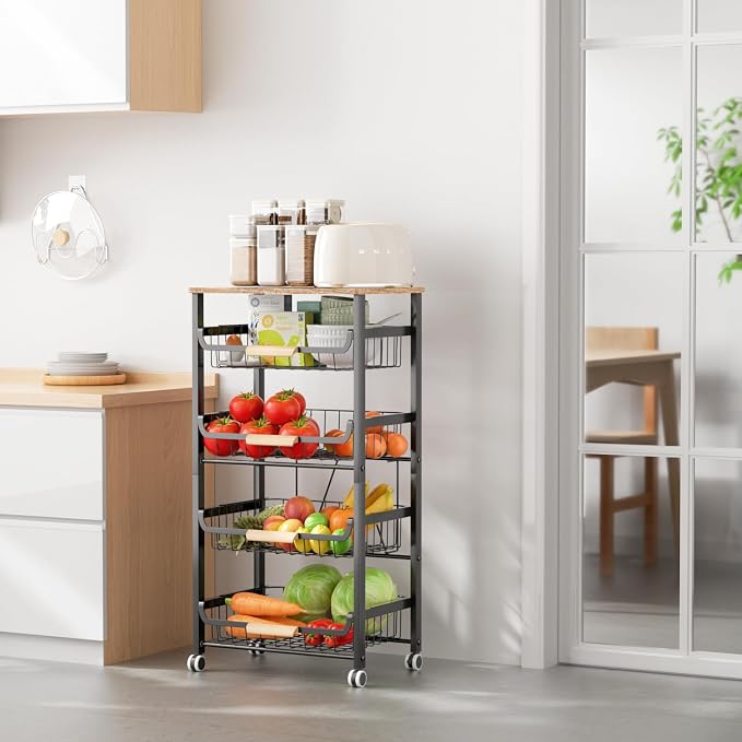 NiuYichee 5-Layer Fruit Basket Kitchen Food Storage Organizer and Storage Rack, Stackable Storage cart with Desktop, Pull-Out Hollow Metal Storage Basket, Wheeled Sorting Rack Spice Rack