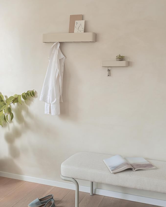 Kazai. Key Holder for Wall 'Tone' | Minimalist Key Hooks Design from Berlin | Modern Key Hanger with Metal Shelf | Key Hook Wall Mounted as Hallway Furniture | Sand Taupe