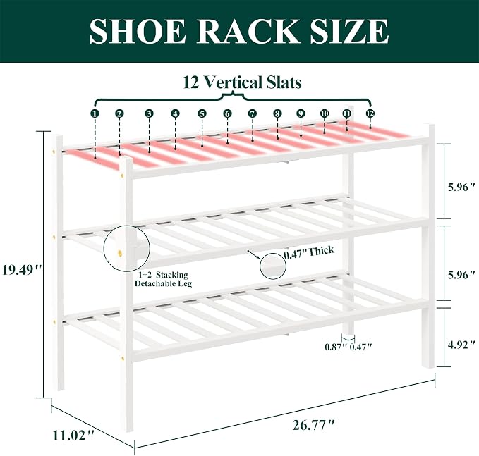 Smiry Bamboo Shoe Rack, 12 Vertical Slats, 3 Tier - 26.8" Wide, White | Stackable Free Standing Wooden Shoe Organizer, Wood Shoe Storage Shelf for Closet, Entryway