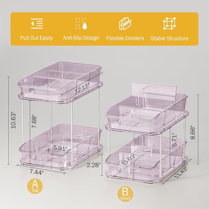 Delamu 2-Tier Under Sink Organizers and Storage, Multi-Purpose Stackable Bathroom Cabinet organizers, Pull Out Kitchen Pantry Organization and Storage with Dividers(2 Pack, Purple)
