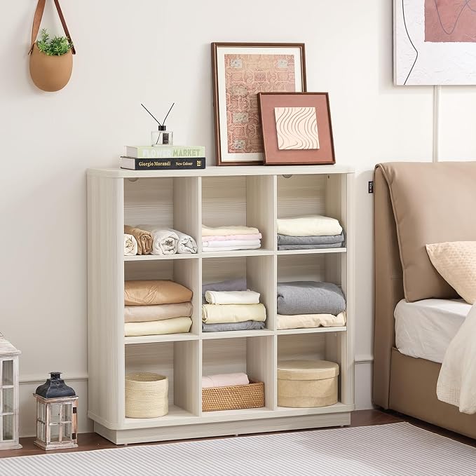 9 Cube Storage Book Shelf, 41" Tall Organizer Bookcase with Curved Edge, Wood Floor Standing 3-Tier Cubby Bookshelf with Base, Vintage Display Book Case for Bedroom,Office,White-Grey Cream Oak