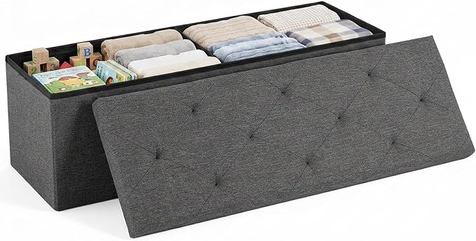 DUMOS 43 Inch Folding Storage Ottoman Bench, Large Ottoman with Storage | Storage Chest with Thicker Foam Padded Seat, End of Bed Foot Rest Stool for Bedroom Living Room Entryway, Load 660 lbs, Grey