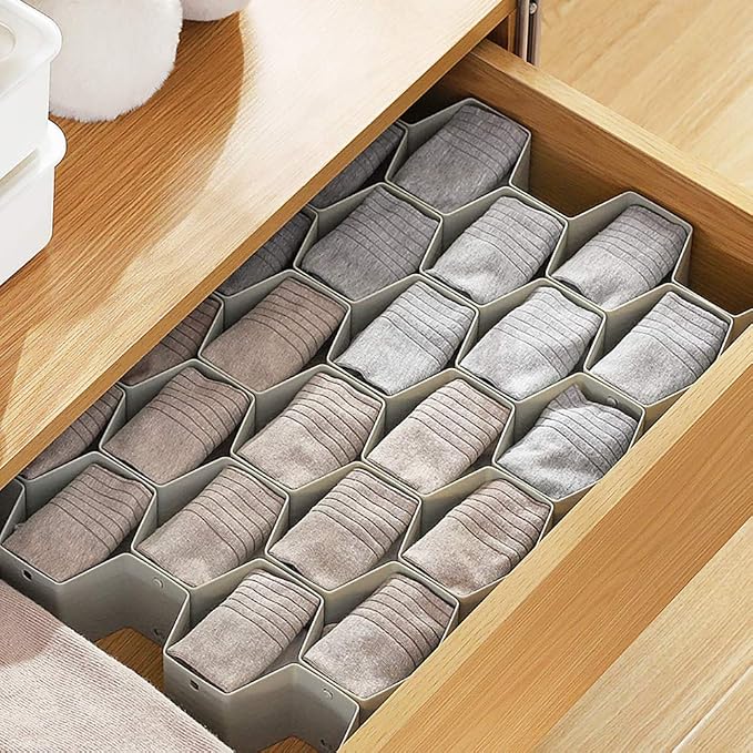 Drawer Divider Organizer Adjustable DIY Grid Honeycomb Drawer Divider for Underwear Belt Scarf Socks Gray