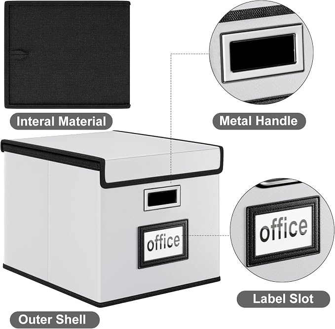 File Organizer Box with Lids, Collapsible File Folder Organizer | File Box with Plastic Slides for Document, Filing Bin for Letter Size Hanging File Folders (1 Pack, Silver, Leather)