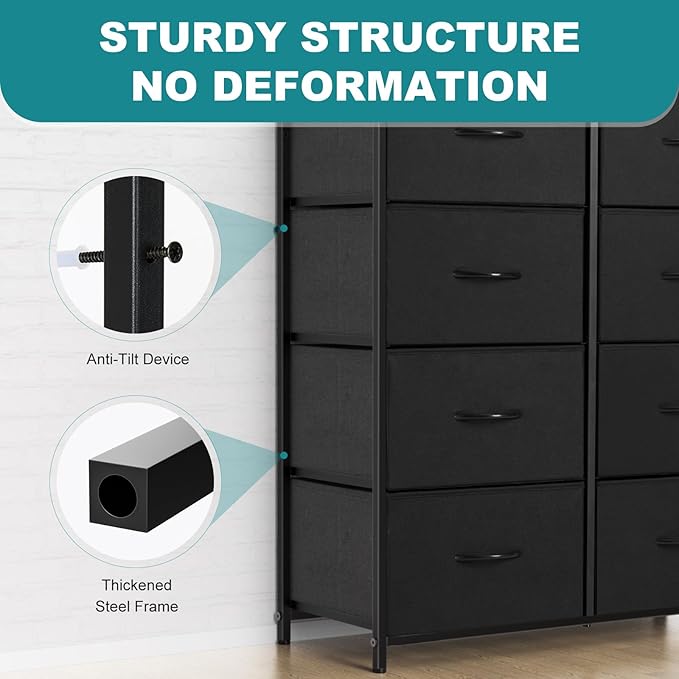 OLIXIS 8 Drawer Storage Dresser for Bedroom, Black Closet Organizers Units | Fabric Dresser with Wooden Top, Chest of Drawers Clothes Storage, Tower Cabinet for Living Room, TV Stand Furniture