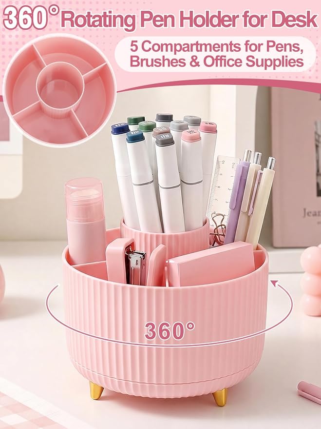 76Pcs Pink Desk Accessories Set, Office School Supplies for Women Girls | Cute 360° Rotating Pen Holder for Desk/Mat/Wrist Rest Mouse Pad/Phone Stand and More, for College Teacher Back to School