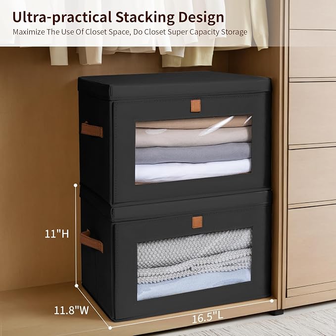Homsorout Collapsible Storage Bins - Large Stackable Organizer Bins, Decorative Boxes with Handles & Window, Fabric Containers for Living Room, Closet, Dorm, 2 Pack, Black