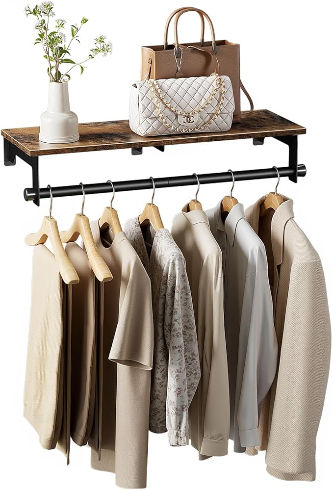 Luxspire 28.7" Wall Mount Clothes Rack with Wood Top Shelf Hanging Clothes | Black + brown, heavy duty rust-resistant metal, extra top shelf decor storage, easy install on wood brick walls