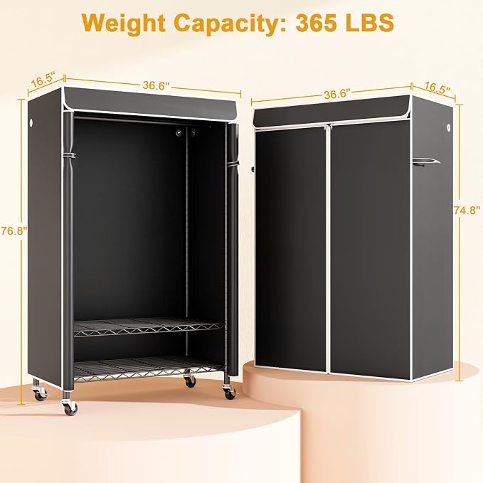 P6C Rolling Clothes Rack with Cover, 3-Tier Covered Clothing Rack | Portable Closets for Hanging Clothes, Heavy Duty Garment Rack on Wheels, Black Closet Rack with Black Cover, Max Load 365LBS