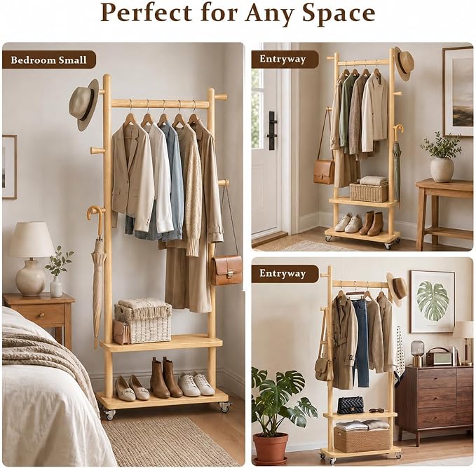 Taitiy Coat Rack Freestanding Solid Wood with Wheels 2 Shelves 5 Hooks | 100% solid rubberwood,hidden 360° silent wheels,2 tier shelves,5 hooks,small clothing rack,entryway bedroom living room