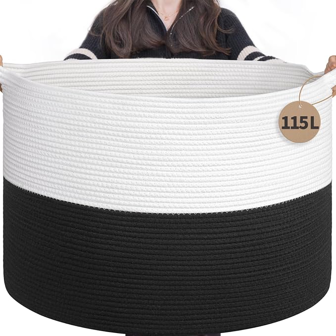 INDRESSME 115L Extra Large Woven Rope Blanket Basket Living Room WhiteBlack | 23.6" x 15.7" Storage baskets for toys laundry & pillows. Fits living room, bedroom or nursery décor. Soft-touch with handles