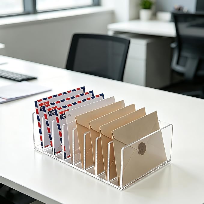 8 Compartments Clear Acrylic Mail Holder – Vertical Letter Sorter & Multifunction Desk Organizer for Bills, Documents, Notebooks – Modern Office/Home Envelope File Rack