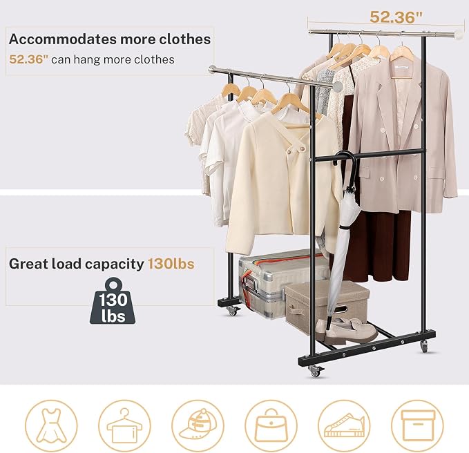 VICERII Clothes Rack, Double Clothing Rack with Wheels and Extra Wide Bottom Shelf, 52.36’’ Heavy Duty Garment Racks for Hanging Clothes, Coats, Shirts, Skirts, Dresses, 130LB Capacity, Black