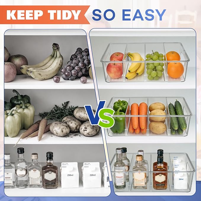Stackable 4-Compartment Pantry Organizers and Storage, Clear Plastic Storage Bins with Removable Dividers Suitable for Pantry, Office, Kitchen, Cabinet & Fridge Organization, 2-Pack