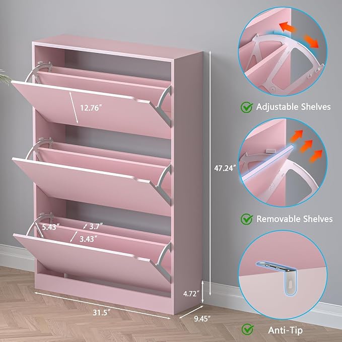 BORNOON Shoe Cabinet with 3 Flip Drawers, Hidden Wood Shoe Cabinet,Freestanding Shoe Storage Cabinet for Entryway Hallway.White. 47.2" H*31.5" W*9.45" D (Pink)