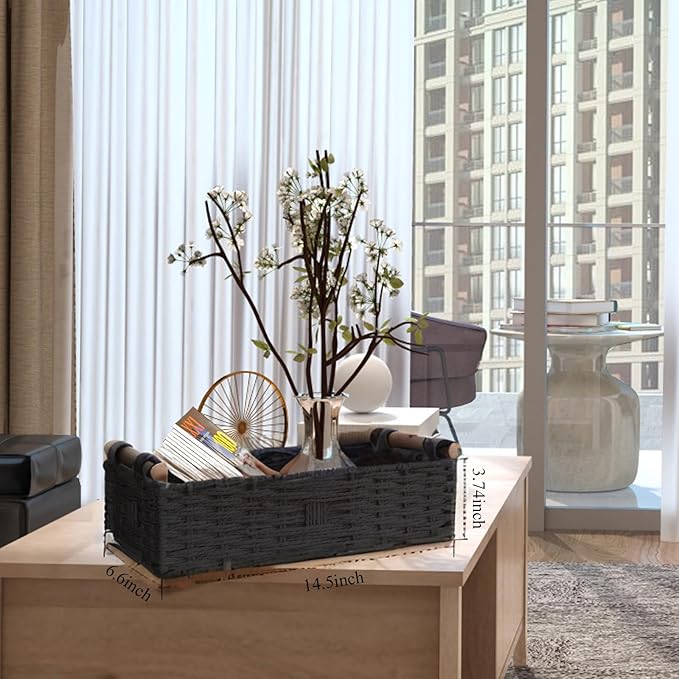 Round Paper Rope Storage Basket Wicker Baskets for Organizing with Handle Decorative Storage Bins for Countertop Toilet Paper Basket for Toilet Tank Top Small Baskets,Black