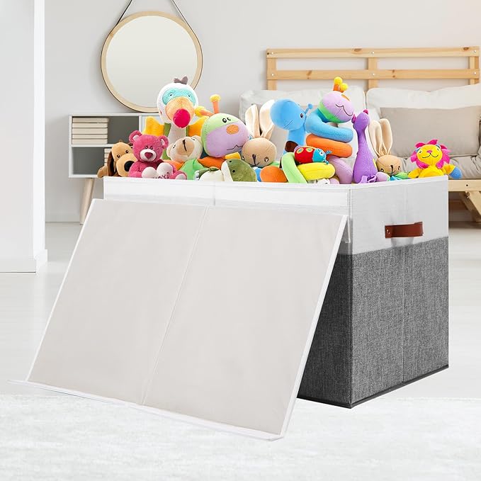 Large Toy Storage Box with Lid, Toy Chest Bin Boxes Basket with Dividers | Sturdy Toy Organizer Bin for Kids, Boys, Girls, Nursery, Living Room, Bedroom, Playroom 26"x17" x17" (Grey and White)