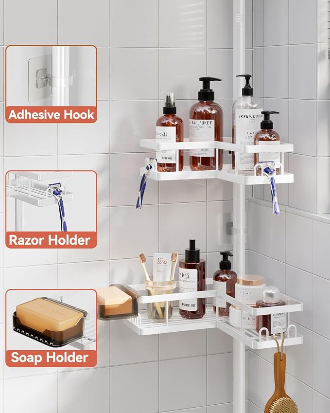 YASONIC Corner Shower Caddy Tension Pole, 25.7-109.1in Adjustable Shower Shelves, Rust-Resistant Shower Organizer, No-Drill 3-Step Installation, Bathroom Shelves for Renters & Family, White