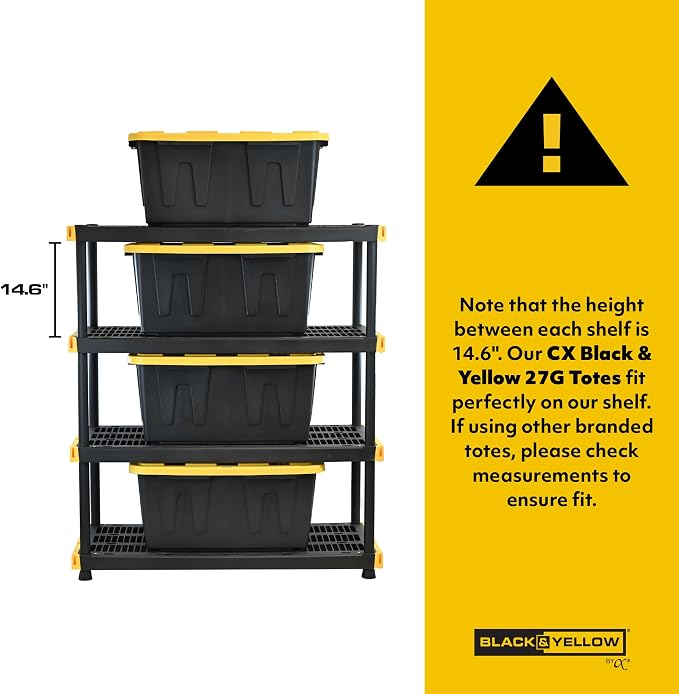 CX Black & Yellow, 4-Tier Heavy Duty Plastic Storage Shelves that Support up to 200lbs/shelf, Organization and Storage, Weather-Resistant Design, Easy Assembly (55" H x 48" W x 20" D) | Freestanding garage utility rack with easy assembly, 4 shelves at ...