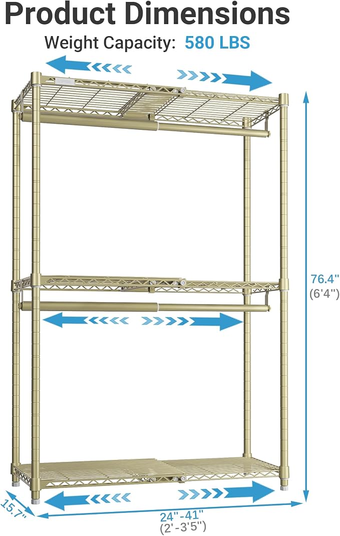 VIPEK X1 Expandable Clothes Rack Heavy Duty Adjustable Closet System, Gold | Adjustable Shelves and Hanger Rods from 2' to 3'5", Reach-in & Walk-in Closets Metal Garment Racks Portable Closet Organizer