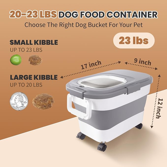 15-23Lbs Airtight Dog Food Storage Container,Collapsible Dog Food Container | Cat Food Container with Double Airtight Seal & Magnetic Lid,Large Pet Food Storage Container Wheels & Handle for Easy Moving
