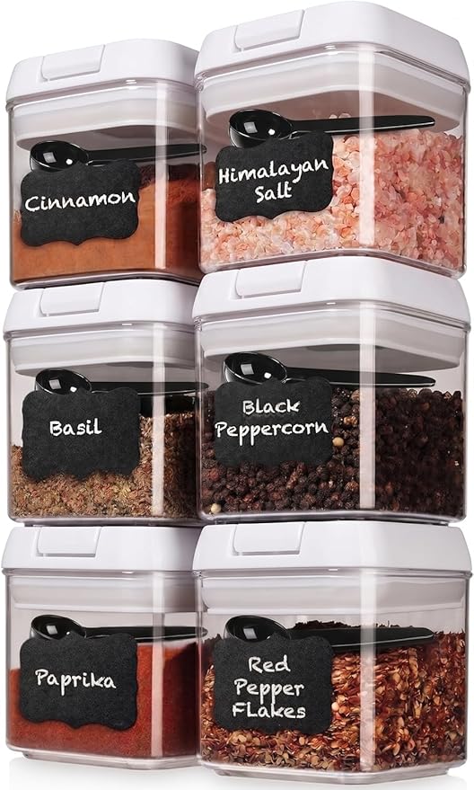 Shazo 6 PC Airtight Food Storage Containers + 6 Spoons Included - BPA Free Plastic Snack & Spice Containers with Easy Lock Lids - Kitchen and Pantry Organization for Herbs Coffee Tea - 0.5L / 2.1 Cup