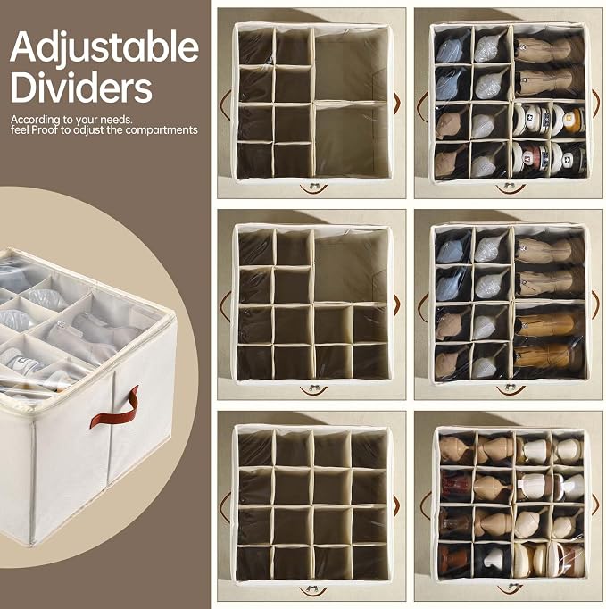 INSTY Shoe Organizer for Closet, 2 Pack Foldable Shoe Storage Containers, Fits up to 16-32 Pairs, Adjustable Dividers for Shoe Organizer, Fabric Shoe Storage Bins with Clear Cover, Beige