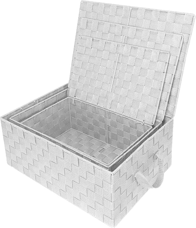 Sorbus Set of 3 Storage Baskets for Organizing with Lid, Mesh Hand-Woven Design, Linen Closet Organizers and Storage, Organizer Storage Baskets for Shelves, Variety Pack Organizers and Storage (White)