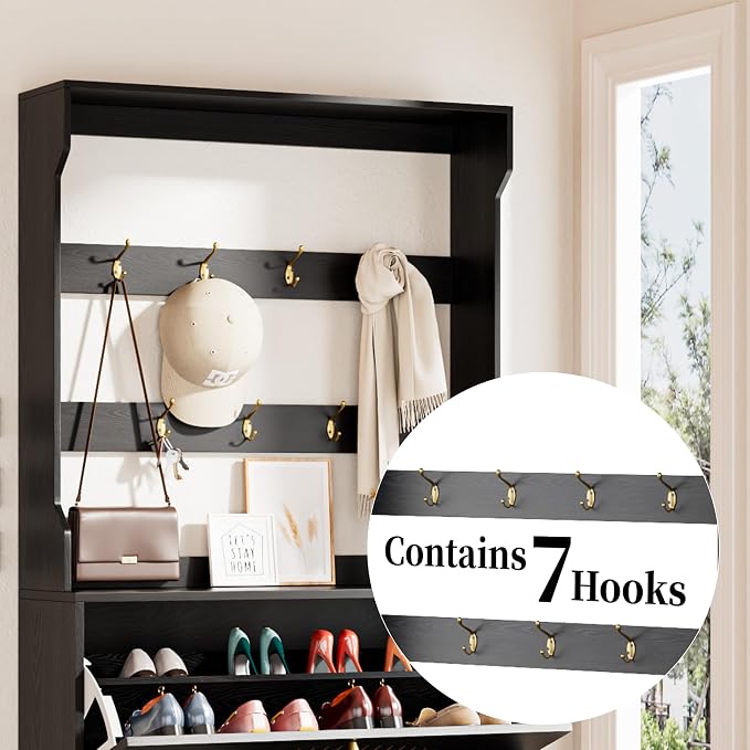 Fsbecl Shoe Storage Cabinet with 3 Fluted Flip Drawers & Coat Rack, Black | Slim Freestanding Shoe Organizer with Hidden Storage, Adjust Shelves, Wooden 2-in-1 Hall Tree for Entryway Foyer, 18-24 Pairs