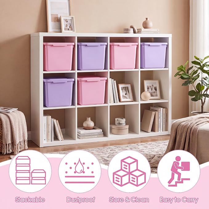 Potchen 6 Pack Small Stackable Storage Bins with Lids Plastic Storage Boxes for Classroom 9.8" ×7.3" ×5.7" Decorative Organizer Bins for Craft Art Office Teacher Supplies (Pink,Purple)